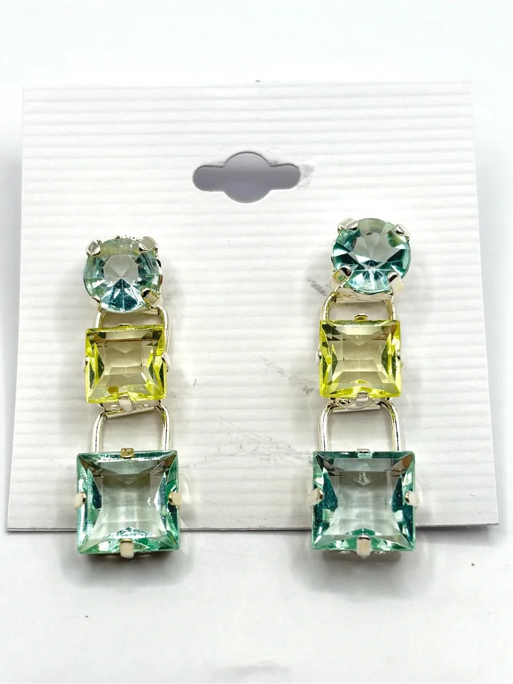 Tonal Green Yellow Crystal Tiered Square Drop Earrings in Silver Tone